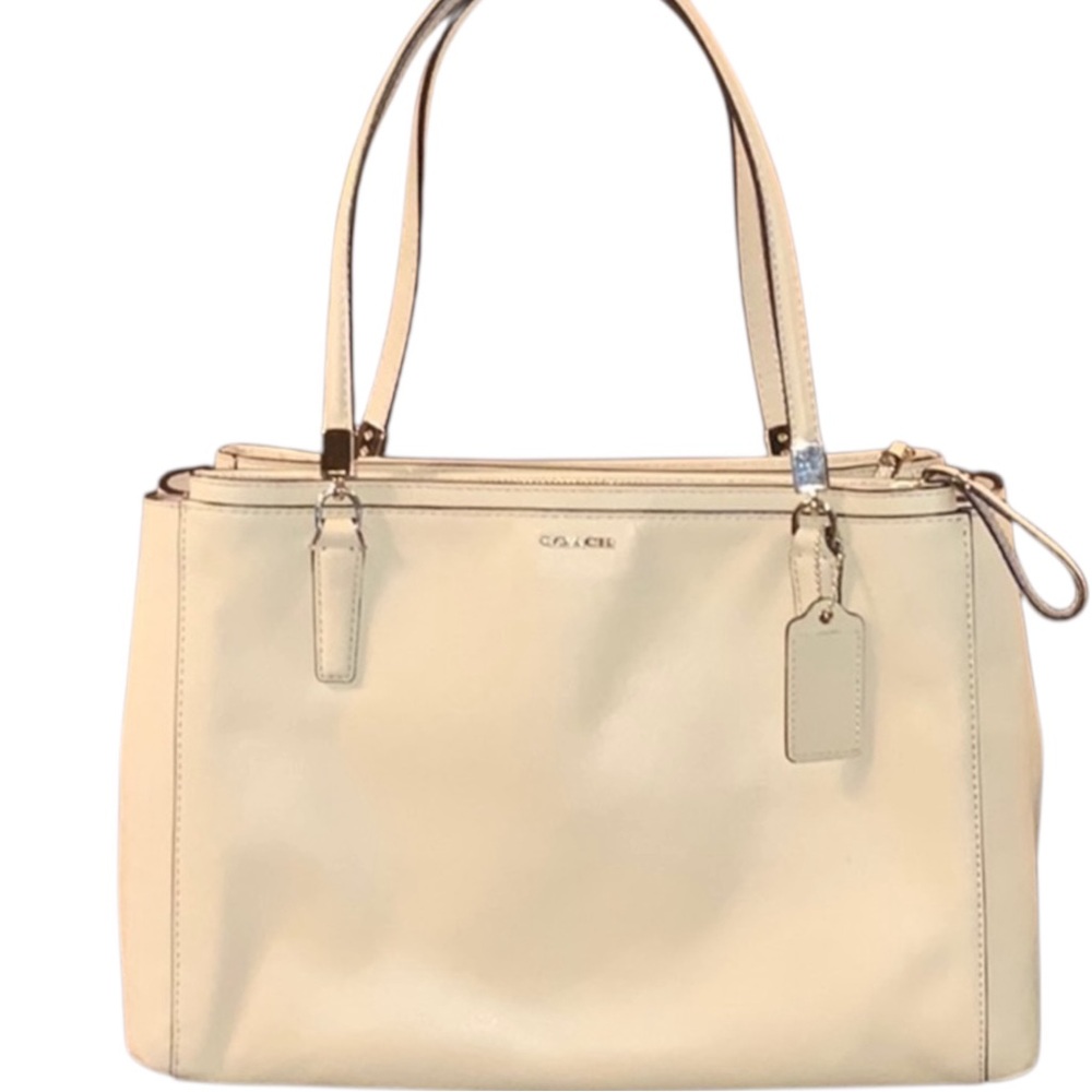 Coach Leather Tote Shoulder Bag Cream Beige Crossbody Strap Multi Compartment